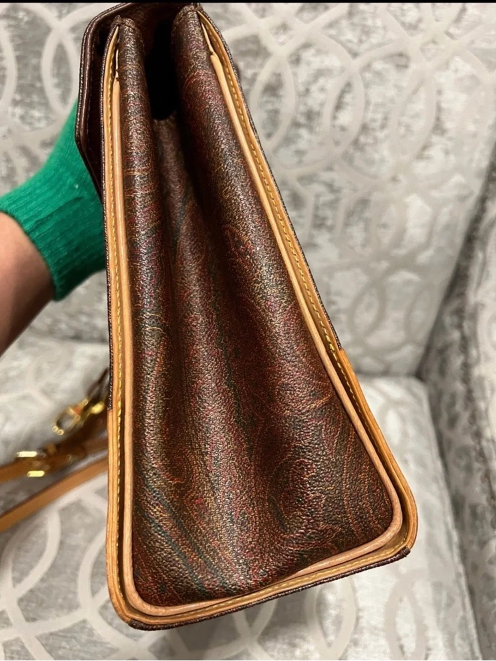 Etro Paisley Top Handle Bag Brown Leather Crossbody Italy Vintage - Picture 9 of 10